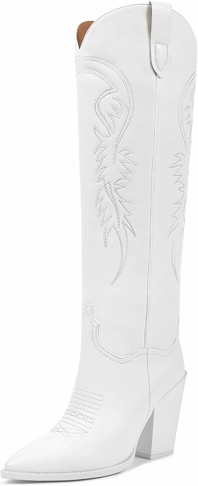 ISNOM Women's Cowgirl Boots Pull On Knee High Boots, Cowboy Western Embroidered Chunky Block Heel Pointed Toes Boots