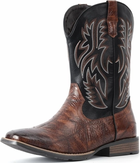 IUV Cowboy Boots For Men Square Toe Western Retro Boot Durable Classic Fashionable Embroidered Pull On Slip Resistant Boots