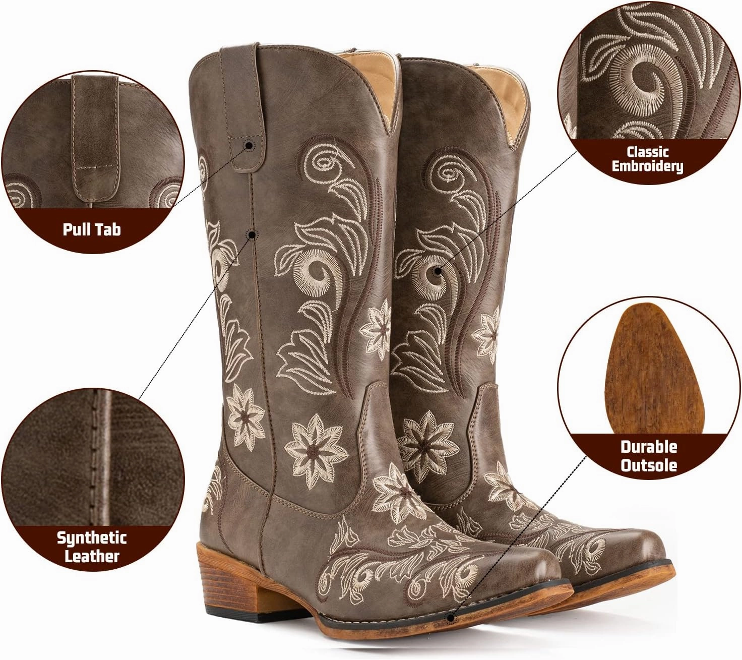 IUV Cowboy Boots For Women Mid Calf Cowgirl Boots Embroidered Pull-On Tabs Snip Toe Boot