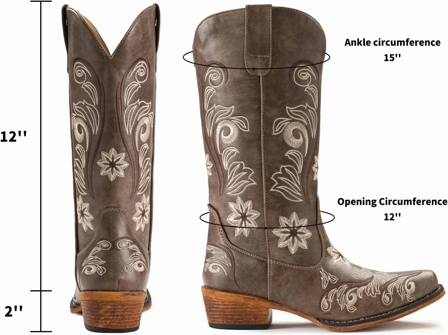 IUV Cowboy Boots For Women Mid Calf Cowgirl Boots Embroidered Pull-On Tabs Snip Toe Boot