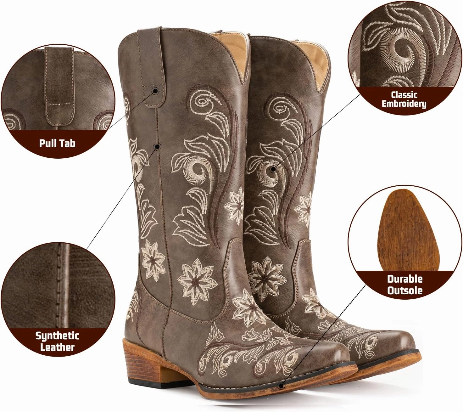 IUV Cowboy Boots For Women Mid Calf Cowgirl Boots Embroidered Pull-On Tabs Snip Toe Boot