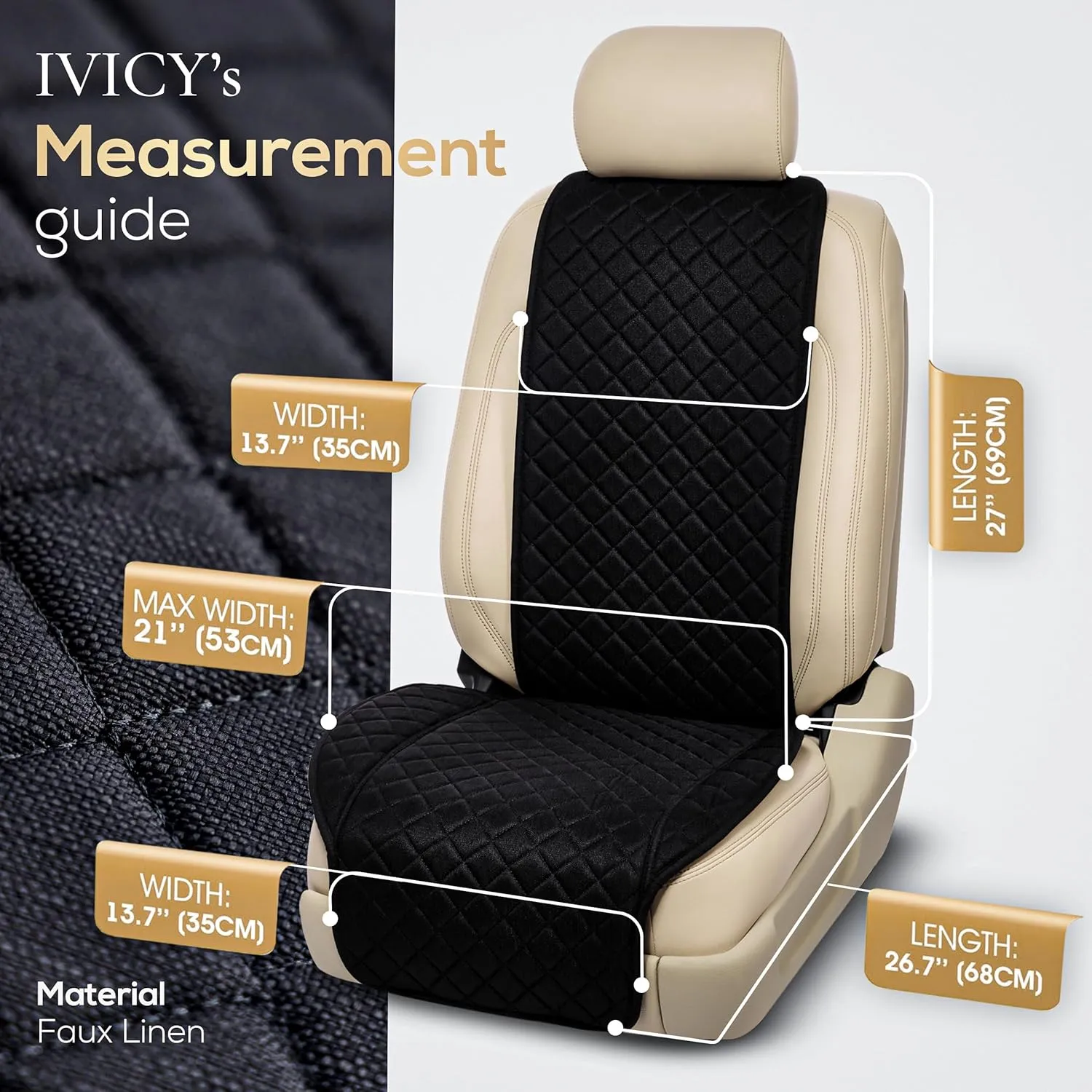 IVICY Linen Car Seat Cover for Cars - Non-Slip Soft & Breathable - Front Car Seat Protector Covers Universal Fits Most Automotive, Vans, SUVs, Trucks - 1 Unit - Black