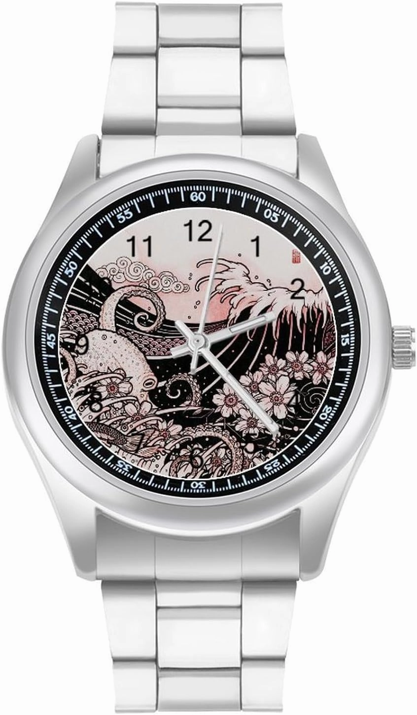 Japanese Wave O-ctopus and Cherry Blossom Casual Wrist Watches for Men Classic Business Dress Watch Big Face for Work Gym