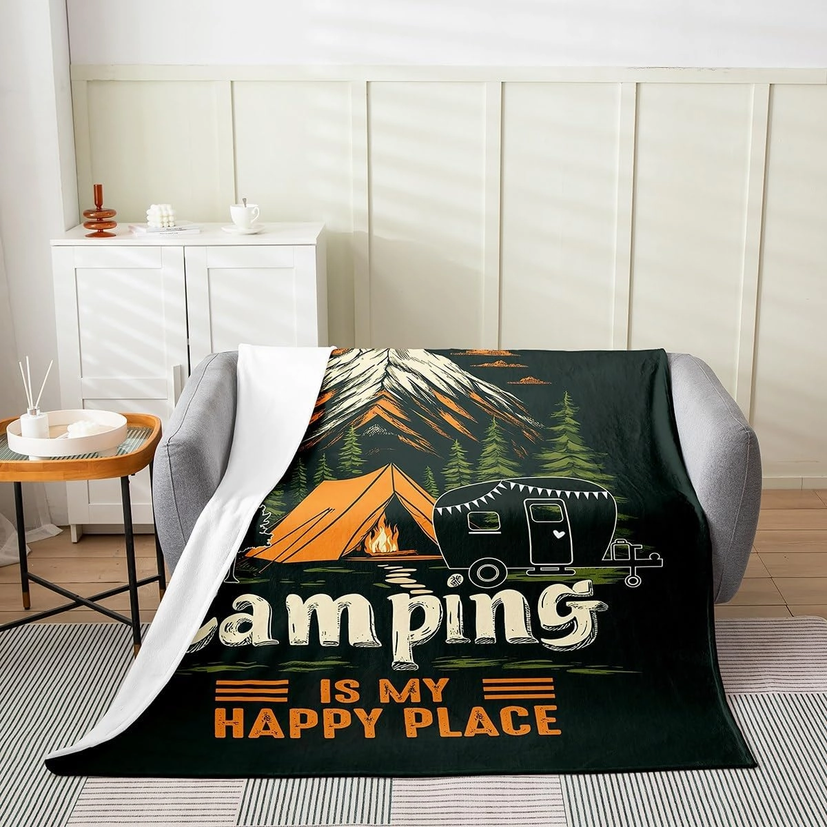 jejeloiu Camping Fleece Throw Blanket 40"x50", Kids Rv Camping Flannel Blanket Plush Fuzzy Boys Girls Happy Camping Fleece Throw Blanket Farmhouse