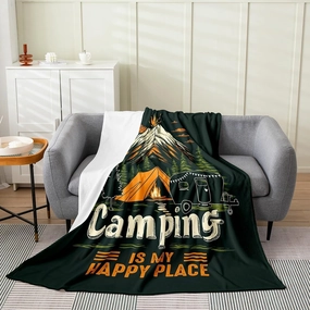 jejeloiu Camping Fleece Throw Blanket 40"x50", Kids Rv Camping Flannel Blanket Plush Fuzzy Boys Girls Happy Camping Fleece Throw Blanket Farmhouse