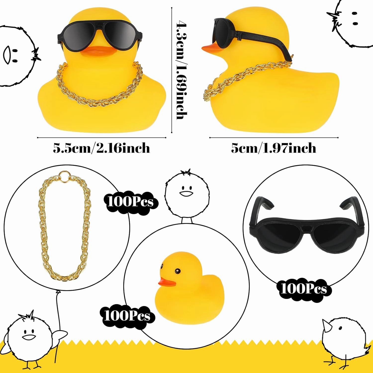 Jerify 48 Pcs Mini Rubber Ducks with Sunglasses Small Rubber Ducks in Bulk with Gold Chain Floating Bathtub Toys for Baby Shower Cruise Birthday Party Favors Christmas Valentine Gifts
