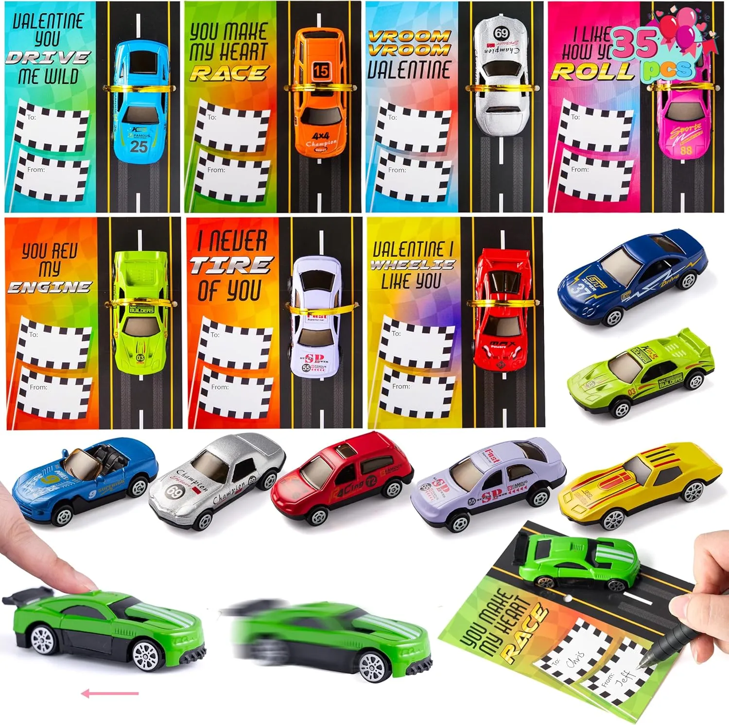 JOYIN 35 Valentines Day Die-Cast Racing Cars Gift Cards for Kids with Valentine’s School Classroom Exchange Greeting Cards, Vehicle Party Favor Toy Supplies