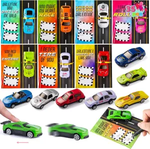 JOYIN 35 Valentines Day Die-Cast Racing Cars Gift Cards for Kids with Valentine’s School Classroom Exchange Greeting Cards, Vehicle Party Favor Toy Supplies