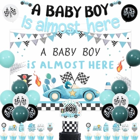 JOYMEMO Blue Teal Race Car Baby Shower Decorations - A Baby Boy is Almost Here Backdrop, Banner, Its A Boy Cake Topper Cupcake Toppers, Vintage Blue Racing Car Pregnancy Celebration Newborn Party