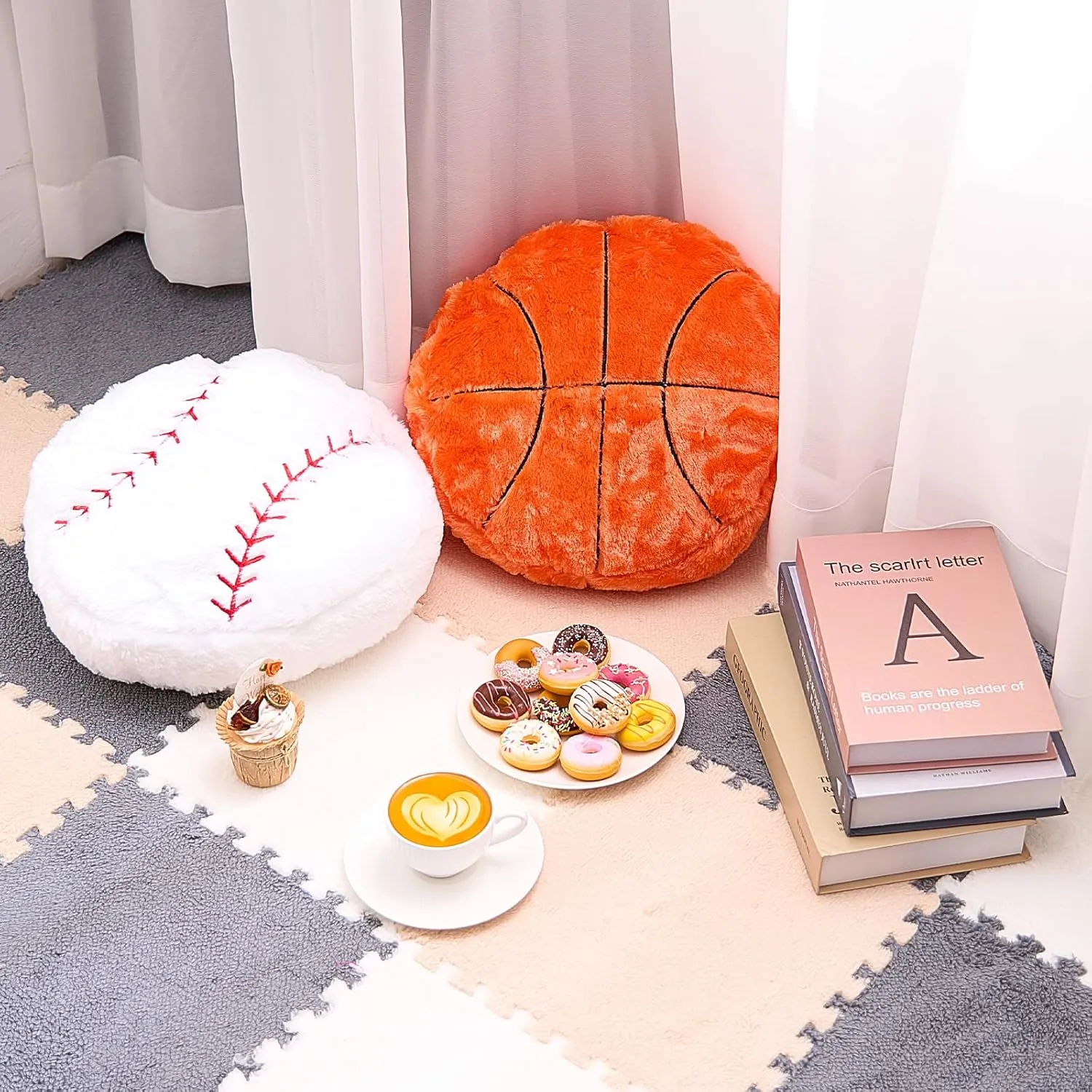 Juexica 4 Pcs Sports Throw Pillows Fluffy Stuffed Soccer Basketball Baseball Pillow Plush Toy Sport Cushion for Room Decor Birthday Present(Medium,Plush)