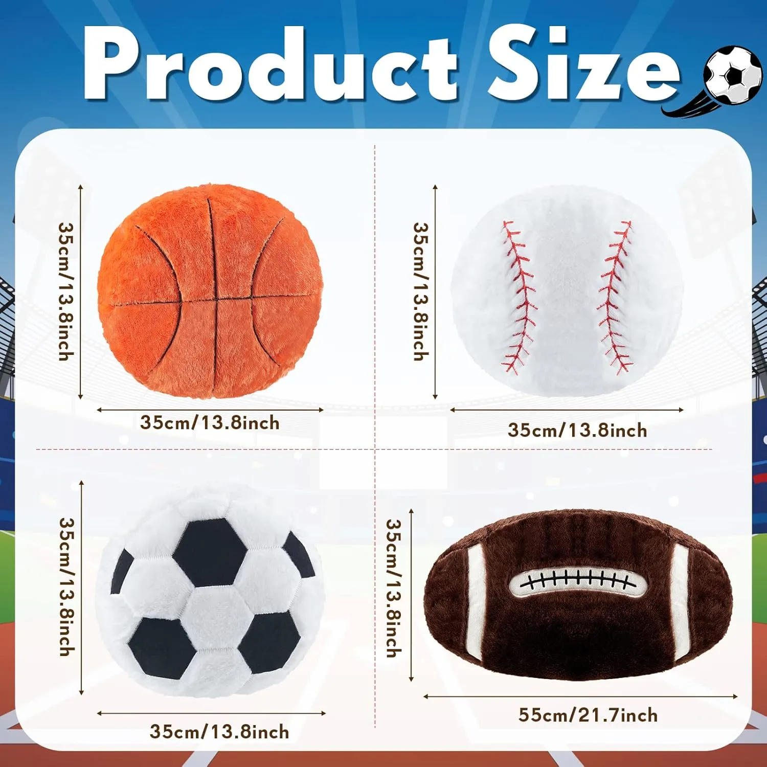 Juexica 4 Pcs Sports Throw Pillows Fluffy Stuffed Soccer Basketball Baseball Pillow Plush Toy Sport Cushion for Room Decor Birthday Present(Medium,Plush)