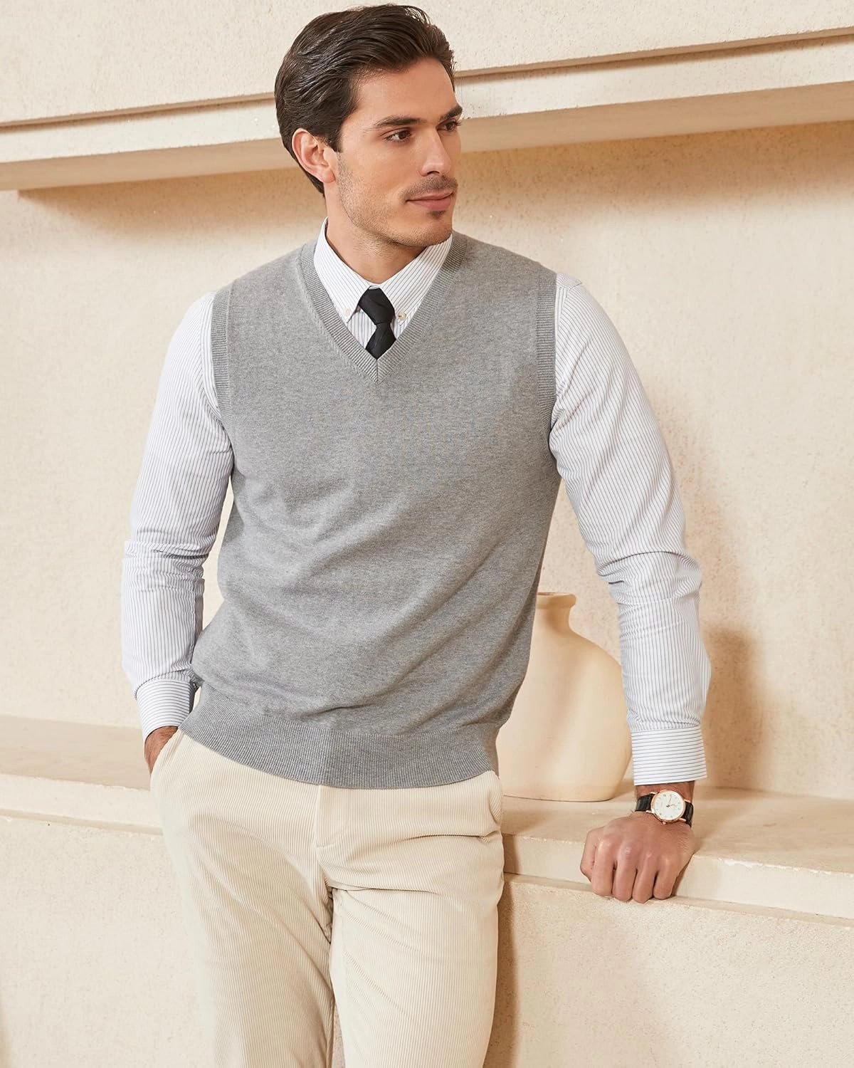 Kallspin Men's Pure Cotton Sweater Vest V Neck Regular Fit Knit Sleeveless Pullover Sweater