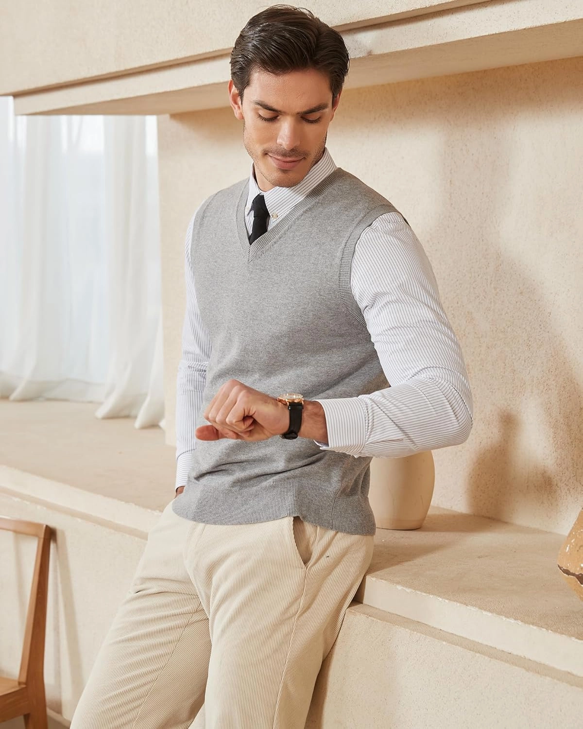 Kallspin Men's Pure Cotton Sweater Vest V Neck Regular Fit Knit Sleeveless Pullover Sweater