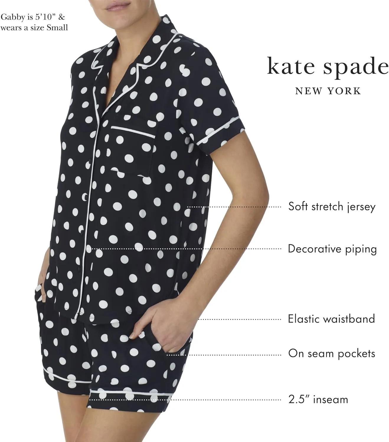kate spade new york Pajamas for Women 2 Piece Set Comfy Classic Short Sleeve Notch Collar Button Top & Shorts