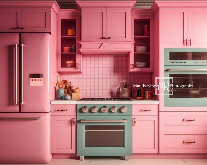 Kate Pink Fantasy Dollhouse Kitchen Backdrop Designed by Mandy Ringe Photography