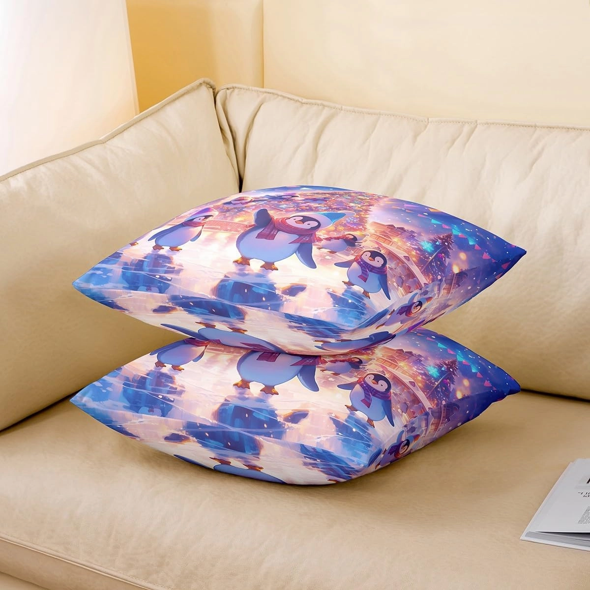 Kawaii Penguin Throw Pillow Cover Cute Cartoon Wild Animals Cushion Cover for Kids Boys Girls Teens Glitter Xmas Tree Merry Christmas Cushion Case for Living Room Office 20x20 Inch