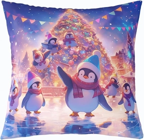 Kawaii Penguin Throw Pillow Cover Cute Cartoon Wild Animals Cushion Cover for Kids Boys Girls Teens Glitter Xmas Tree Merry Christmas Cushion Case for Living Room Office 20x20 Inch