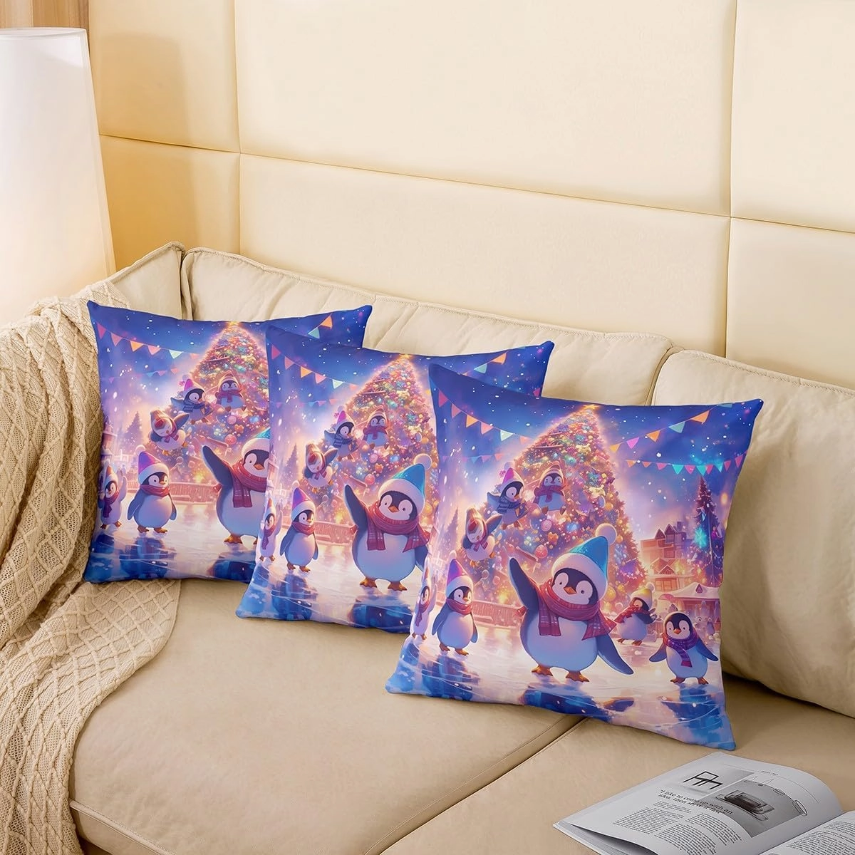 Kawaii Penguin Throw Pillow Cover Cute Cartoon Wild Animals Cushion Cover for Kids Boys Girls Teens Glitter Xmas Tree Merry Christmas Cushion Case for Living Room Office 20x20 Inch