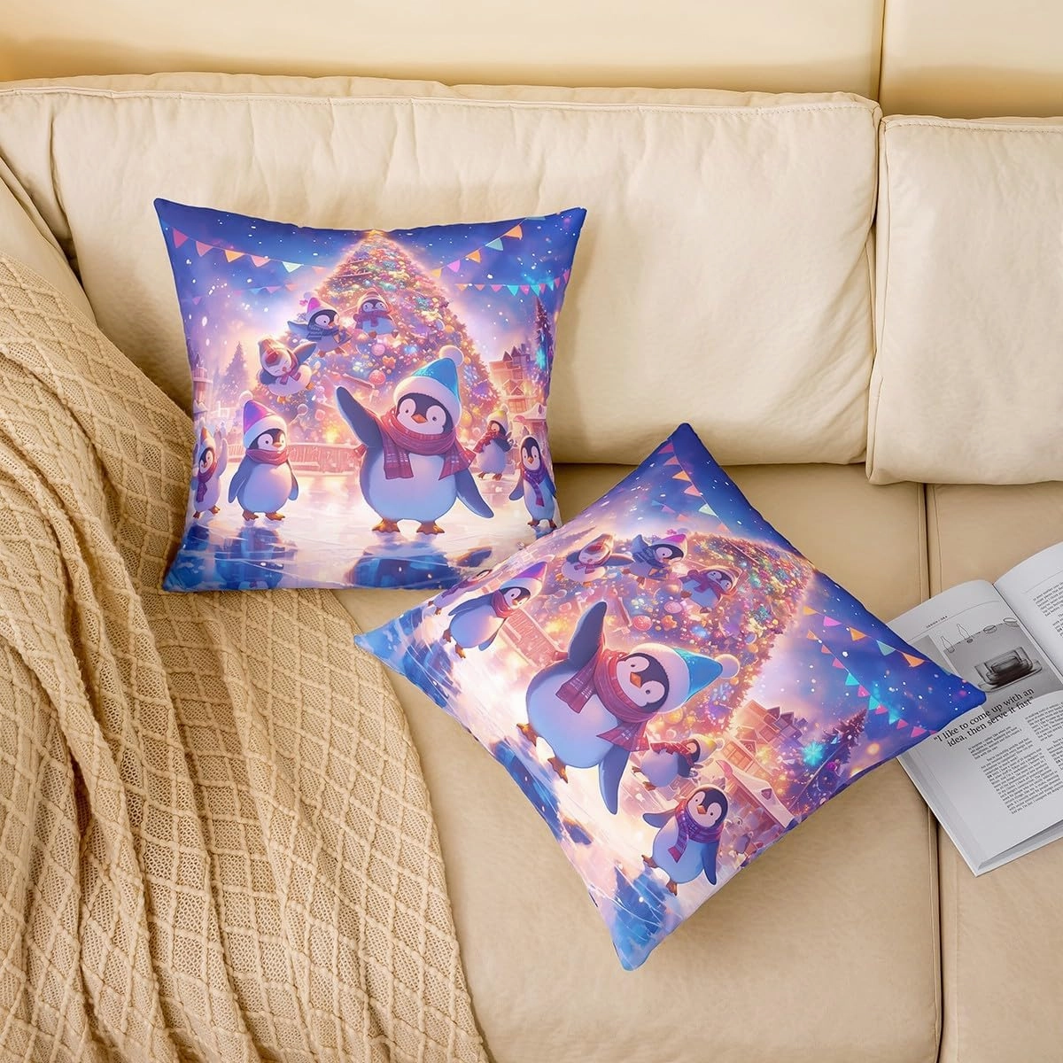Kawaii Penguin Throw Pillow Cover Cute Cartoon Wild Animals Cushion Cover for Kids Boys Girls Teens Glitter Xmas Tree Merry Christmas Cushion Case for Living Room Office 20x20 Inch