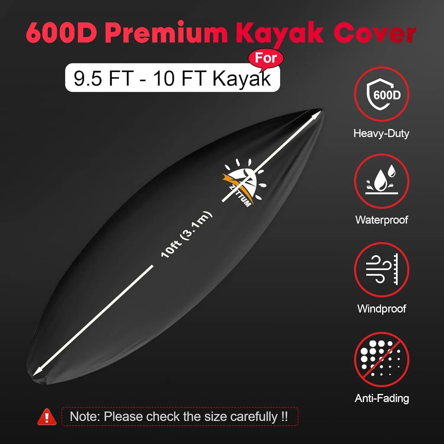 Kayak Cover 10 FT - 600D Canoe Cover for Outdoor Storage, Heavy Duty & Waterproof, Fade-Resistant Kayak Accessory for Canoe, Paddle Board, SUP, Boat, and Kayaks