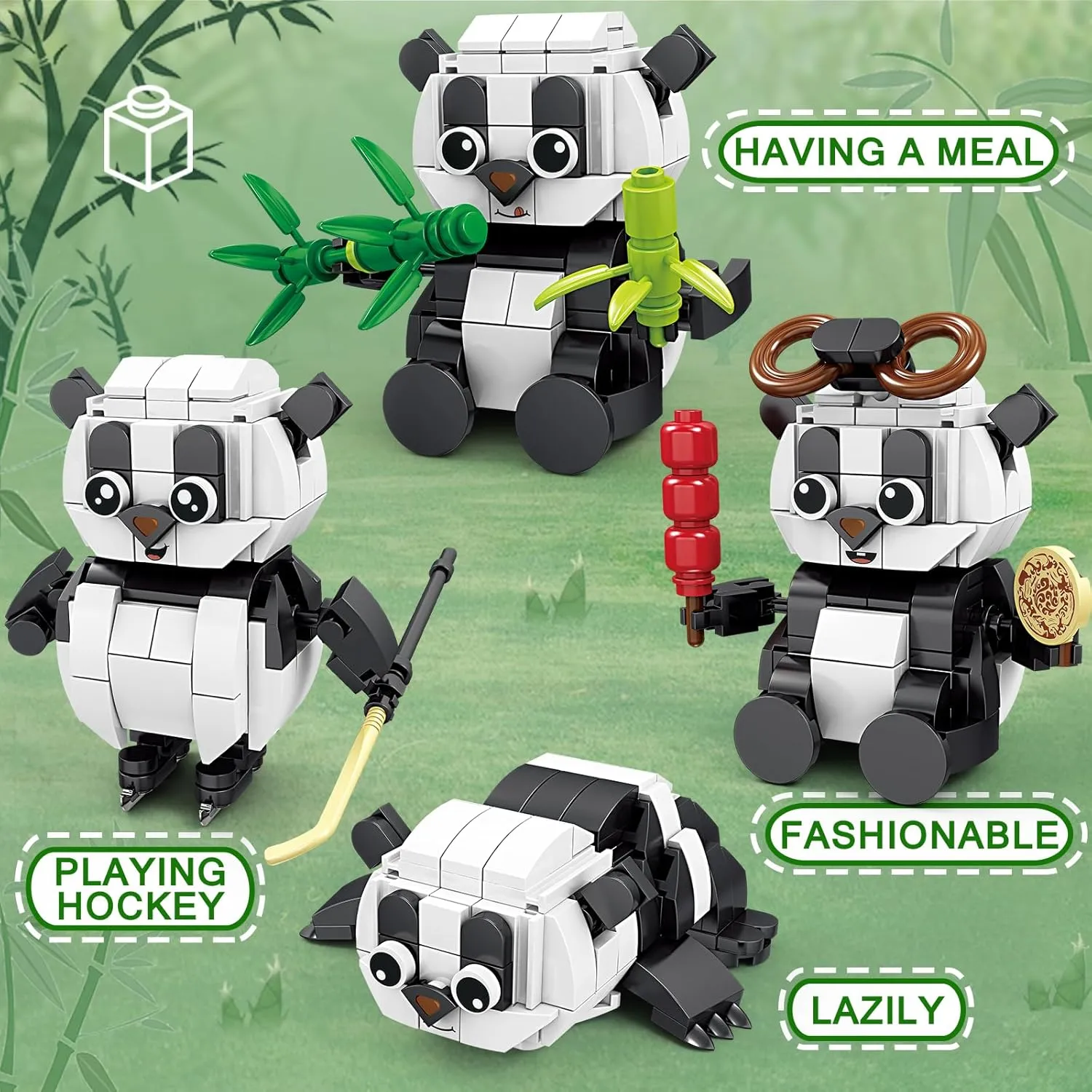 KAZI Wild Animals Panda Family - Building Toy with 4 Scene Building Options - Having a Meal,Snacking,Playing Hockey,Lazily,Animal Figures for Kids,Boys and Girls Ages 8-12,Panda Gifts for Birthday
