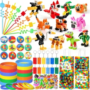 KELEON 123 Building Blocks Party Favors Birthday Supplies, Blocks Toys Button Pin Straw Sticker Silicone Bracelet Keychain Goodie Bags Stuffers Boy Girl Christmas Gift Party Favors for Kids 3-5 4-8