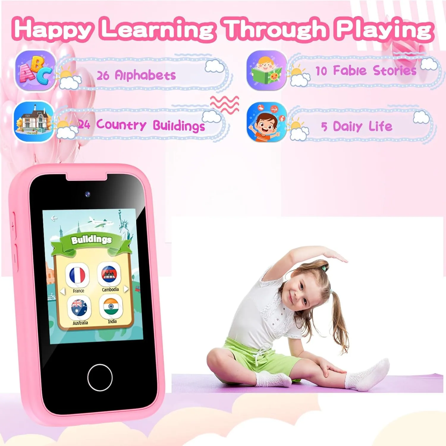Kids Smart Phone Gifts Toys for Girls Boys Age 3-8,Toddler Learning Toys with Educational Games, 3 4 5 7 8 9 6 8 9 Year Old Girl Birthday Gift Ideas-Pink