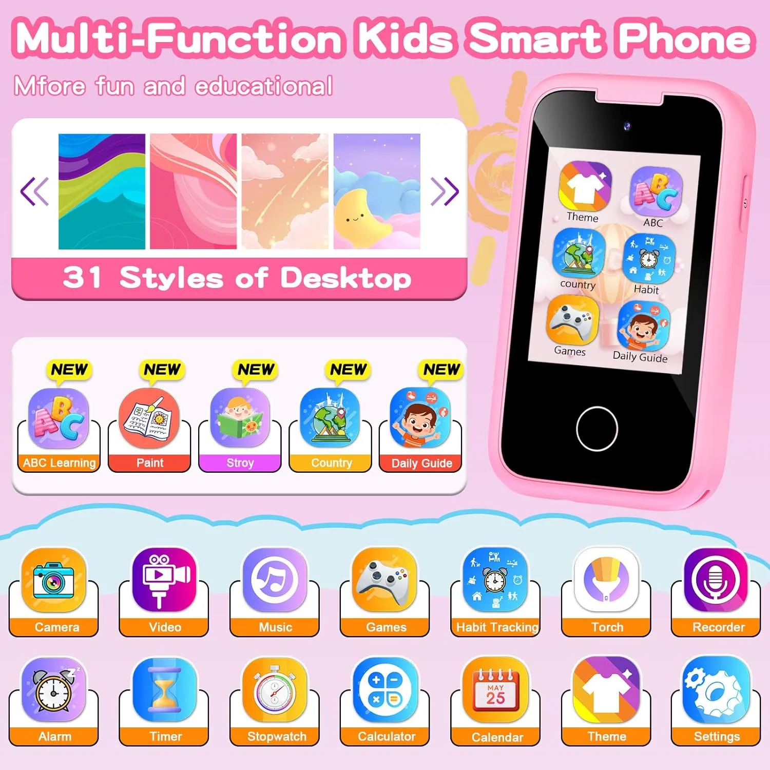 Kids Smart Phone Gifts Toys for Girls Boys Age 3-8,Toddler Learning Toys with Educational Games, 3 4 5 7 8 9 6 8 9 Year Old Girl Birthday Gift Ideas-Pink
