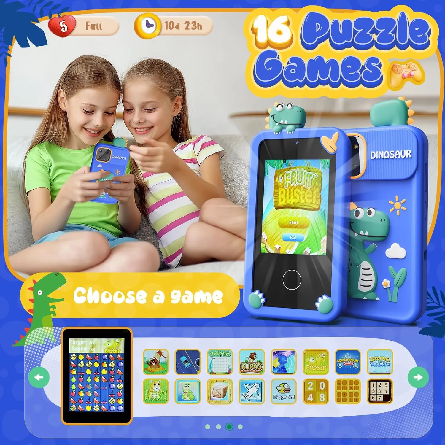 Kids Smart Phone Toys for Boys,Dinosaurs Gift Toys for Boys Ages 3-9 Christmas Birthday Gifts Mini Smart Phone Toys With 2.8" Touchscreen 16 Learning Games Dual Camera Music Player, 8G SD Card