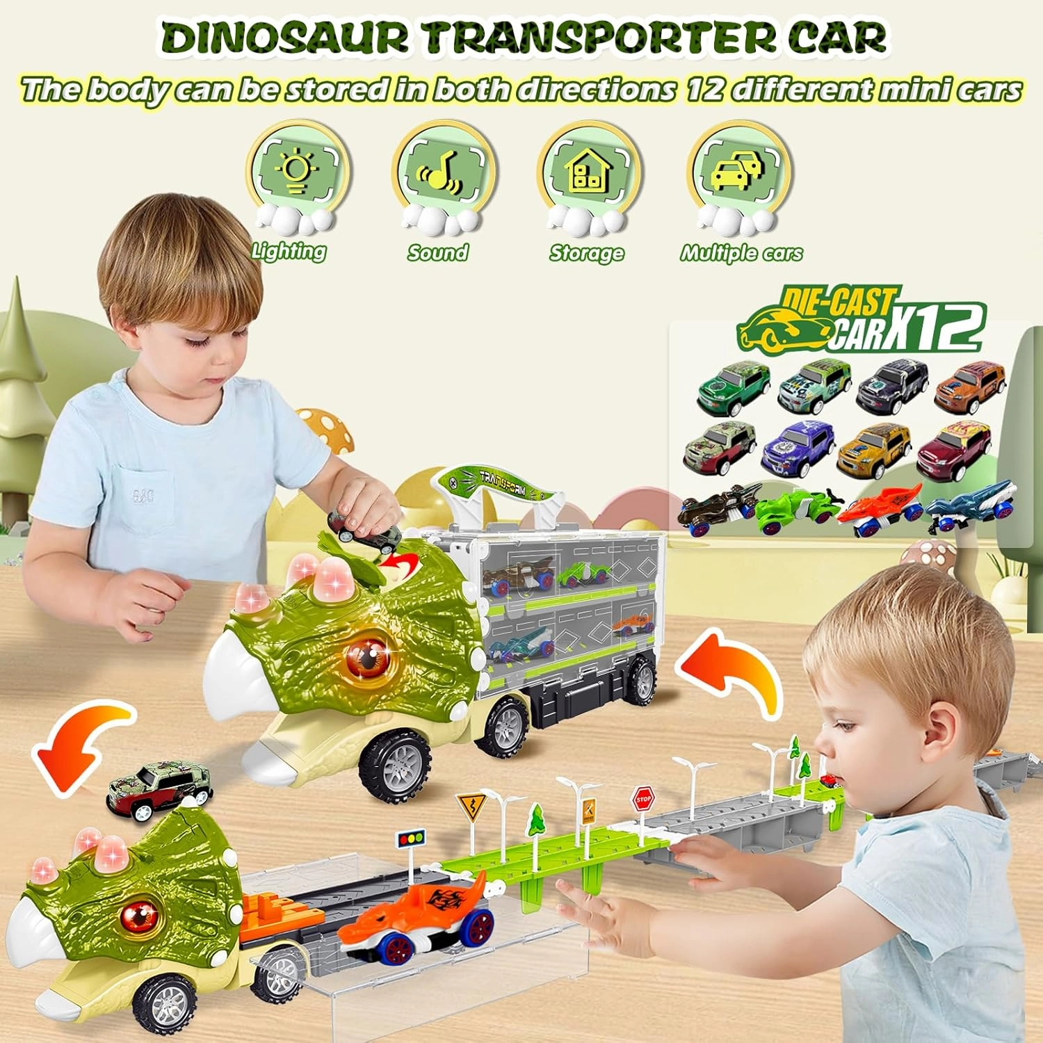 Kids' Play ABVSAB 13 in 1 Dinosaur Toys for Kids 3-5, Dinosaur Cars Set, Transport Carrier Truck for Toddlers 3-8 Years Old