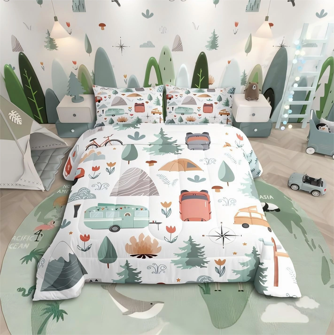 Kids Camper Theme Comforter Set Full 3Pcs, Happy Camping Bedding for Toddler, Travel Car Rv Accessories Down Comforter, Botanical Flowers Mountain Adventure Quilt, Cute Camper Duvet Set Room Decor