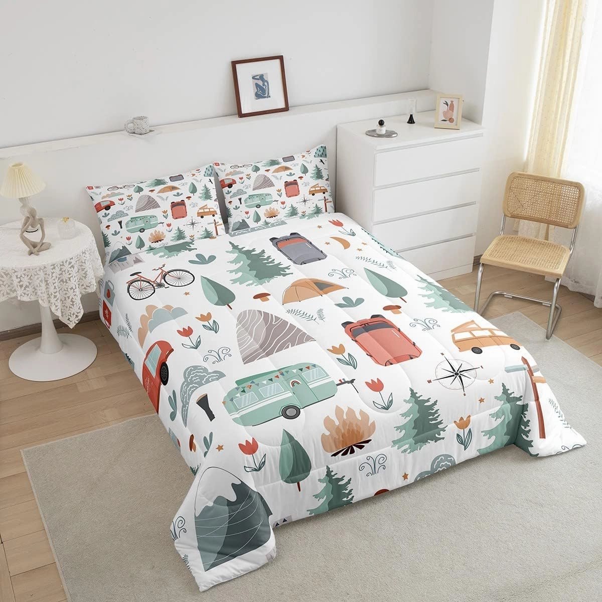 Kids Camper Theme Comforter Set Full 3Pcs, Happy Camping Bedding for Toddler, Travel Car Rv Accessories Down Comforter, Botanical Flowers Mountain Adventure Quilt, Cute Camper Duvet Set Room Decor