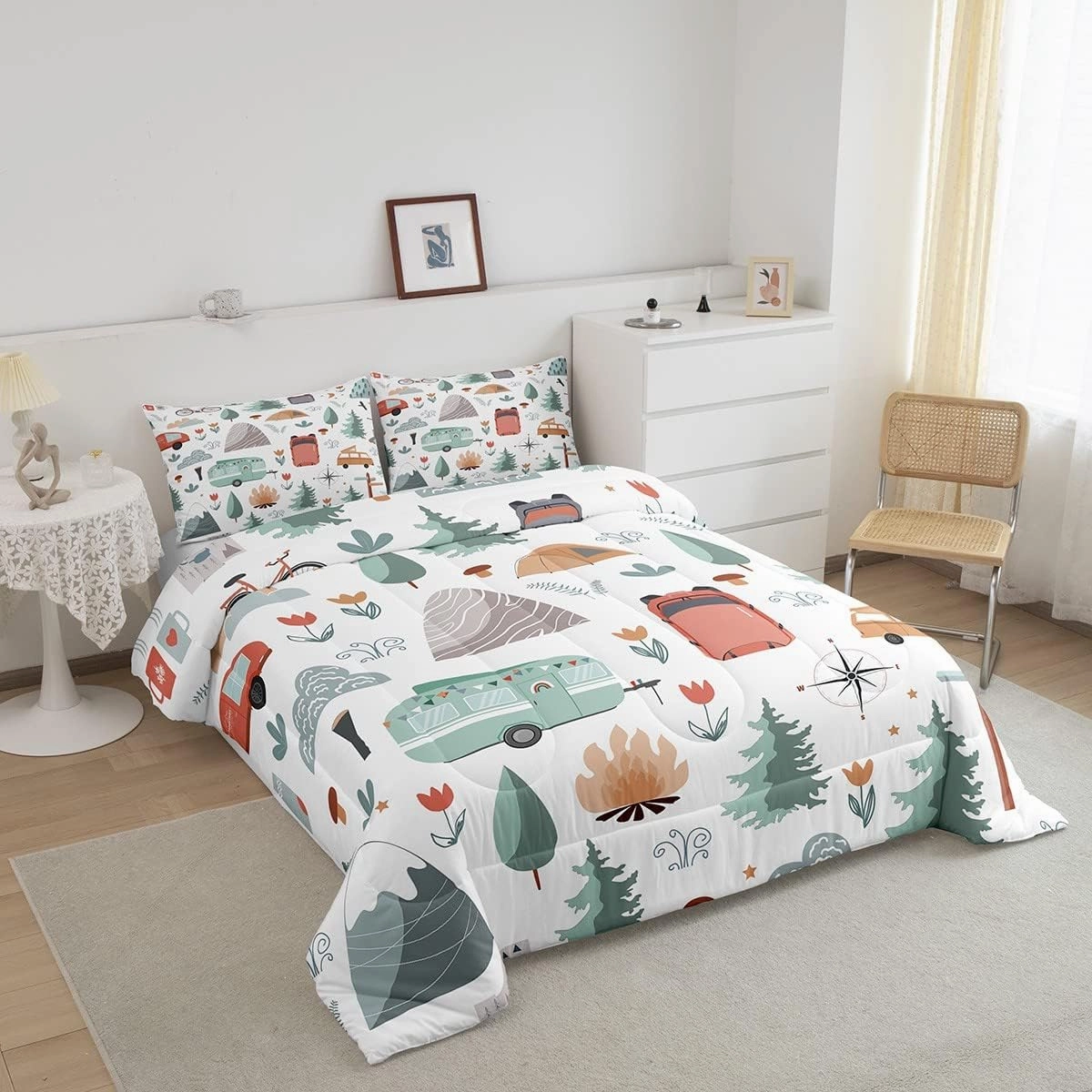 Kids Camper Theme Comforter Set Full 3Pcs, Happy Camping Bedding for Toddler, Travel Car Rv Accessories Down Comforter, Botanical Flowers Mountain Adventure Quilt, Cute Camper Duvet Set Room Decor