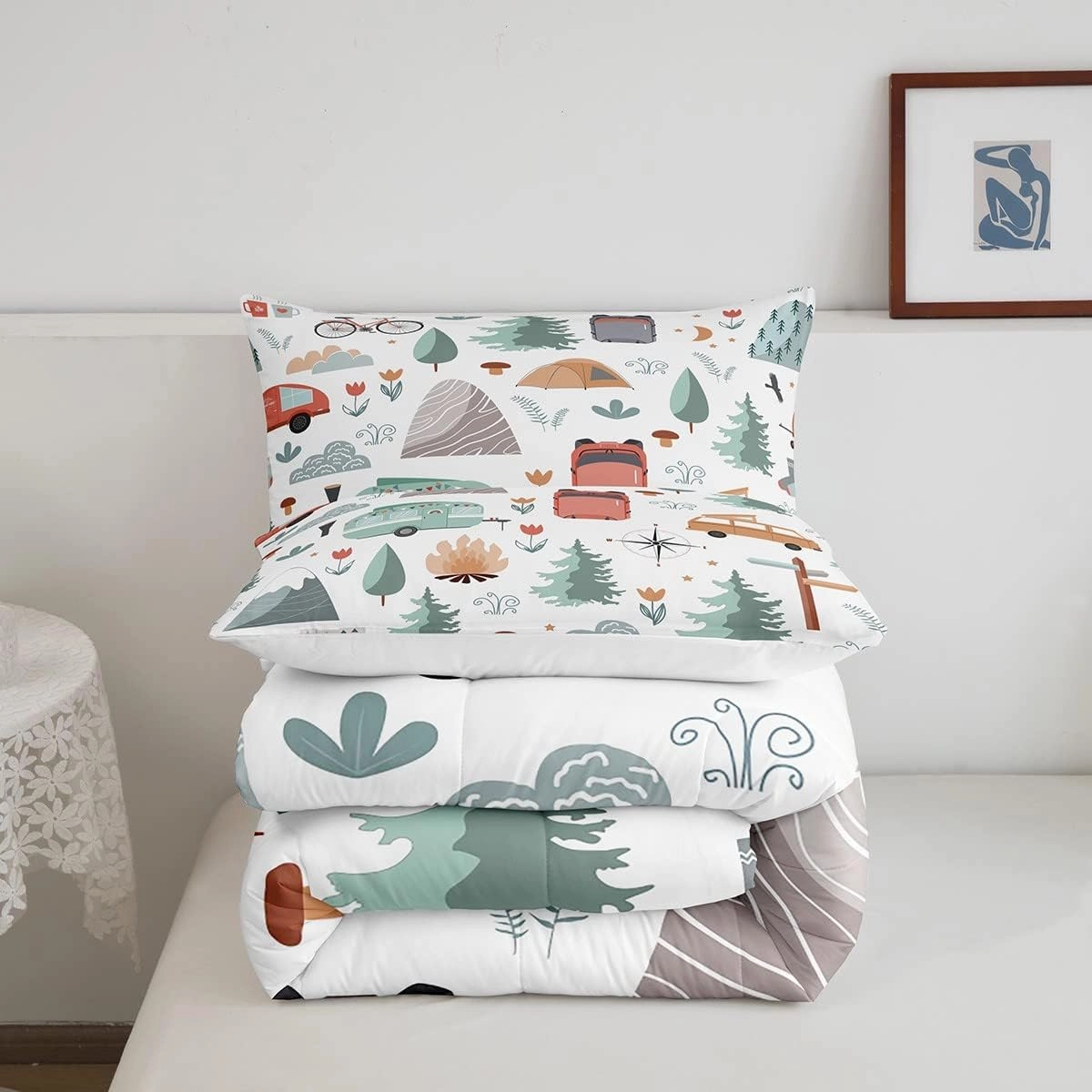 Kids Camper Theme Comforter Set Full 3Pcs, Happy Camping Bedding for Toddler, Travel Car Rv Accessories Down Comforter, Botanical Flowers Mountain Adventure Quilt, Cute Camper Duvet Set Room Decor