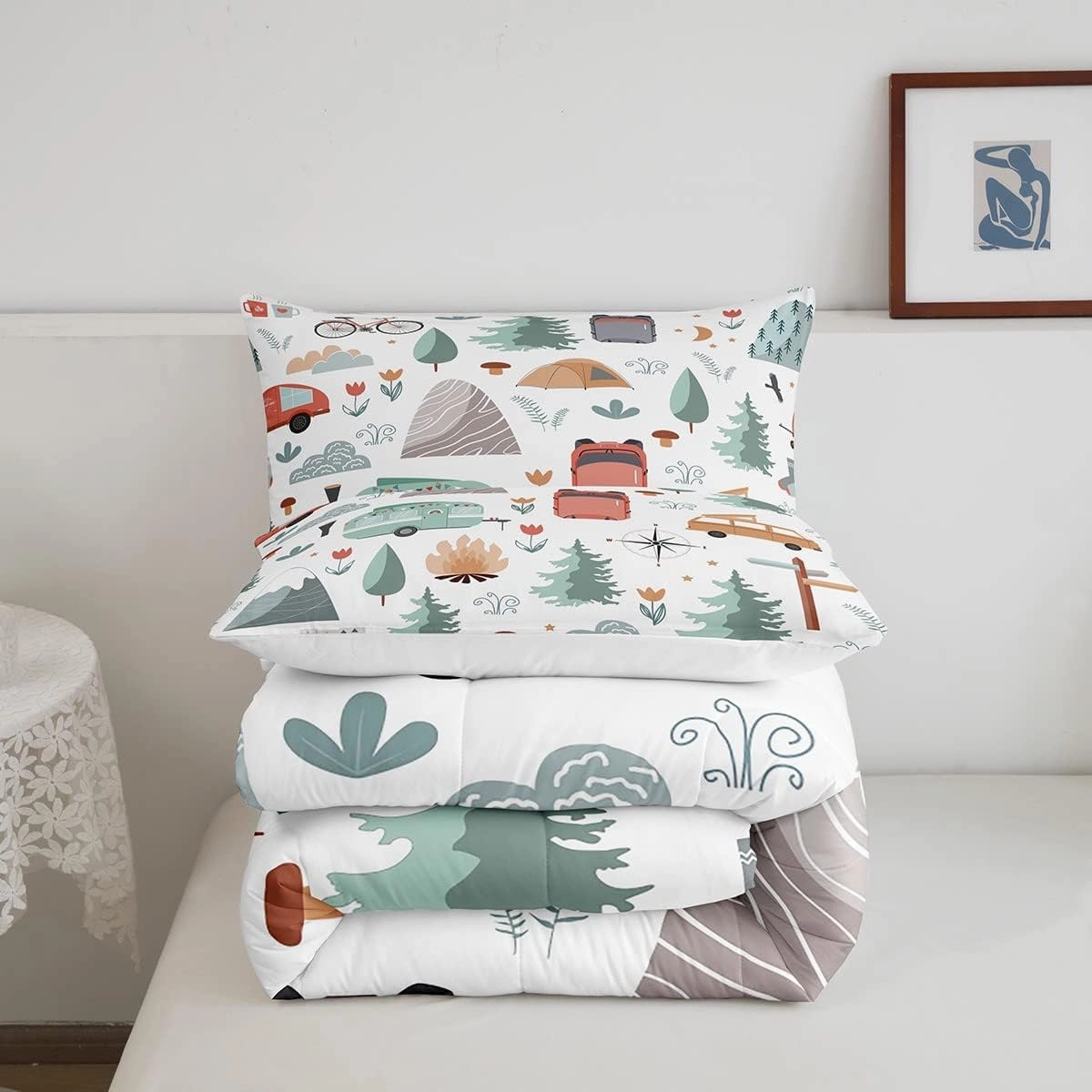 Kids Camper Theme Comforter Set Twin 2Pcs, Happy Camping Bedding Set, Travel Car Rv Accessories Down Comforter, Botanical Flowers Mountain Adventure Quilt, Cute Camper Duvet Insert Bedroom Decor