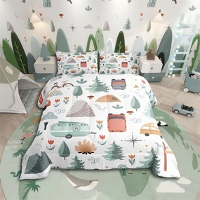 Kids Camper Theme Comforter Set Twin 2Pcs, Happy Camping Bedding Set, Travel Car Rv Accessories Down Comforter, Botanical Flowers Mountain Adventure Quilt, Cute Camper Duvet Insert Bedroom Decor