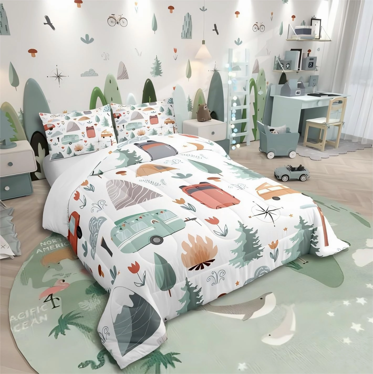 Kids Camper Theme Comforter Set Twin 2Pcs, Happy Camping Bedding Set, Travel Car Rv Accessories Down Comforter, Botanical Flowers Mountain Adventure Quilt, Cute Camper Duvet Insert Bedroom Decor