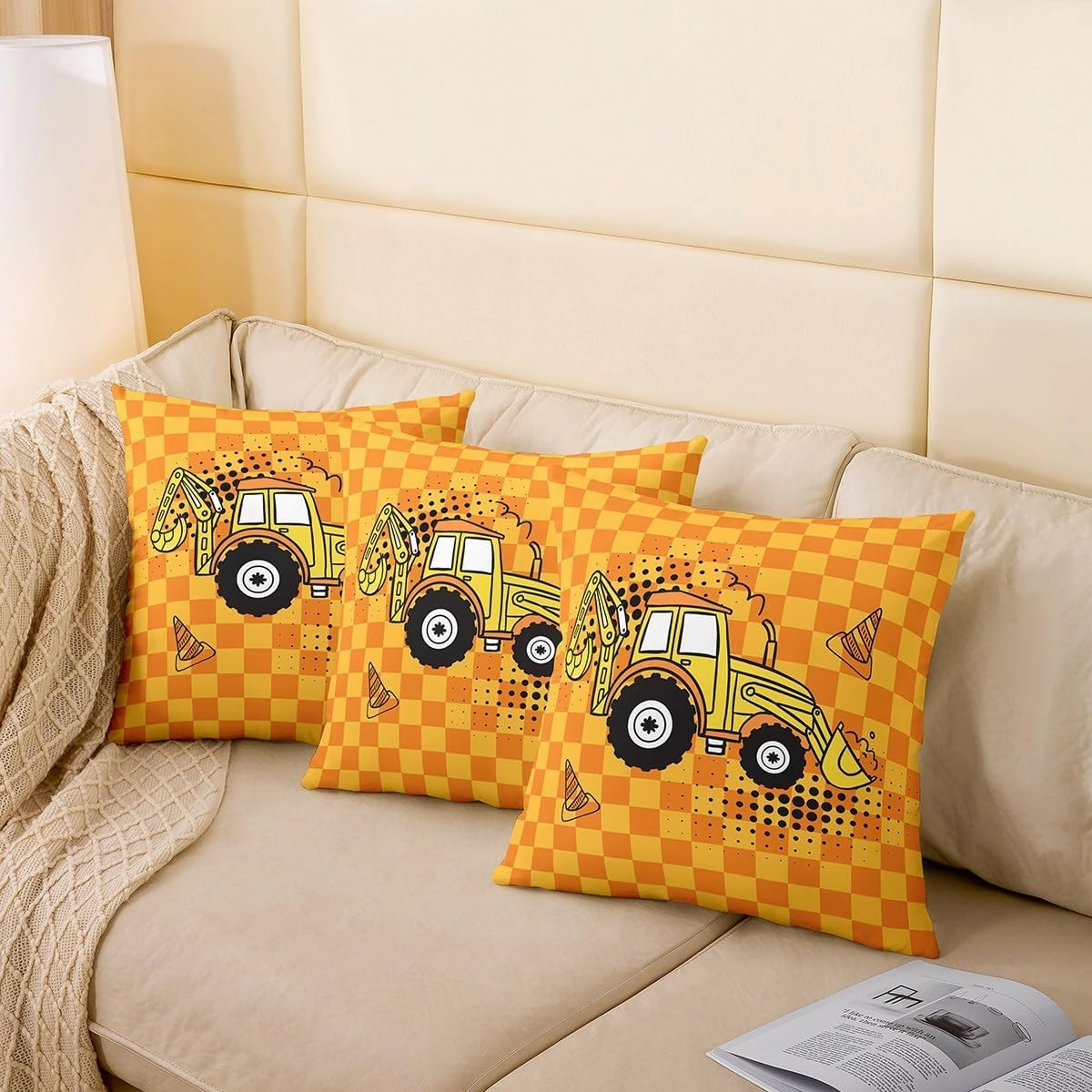 Kids Cartoon Excavator Throw Pillow Cover Yellow Orange Patchwork Plaid Cushion Cover for Kids Boys Girls Teens Cute Hippie Black Graffiti Cushion Case for Bed Car Sofa 24x24 Inch