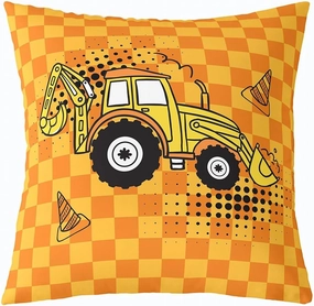 Kids Cartoon Excavator Throw Pillow Cover Yellow Orange Patchwork Plaid Cushion Cover for Kids Boys Girls Teens Cute Hippie Black Graffiti Cushion Case for Bed Car Sofa 24x24 Inch