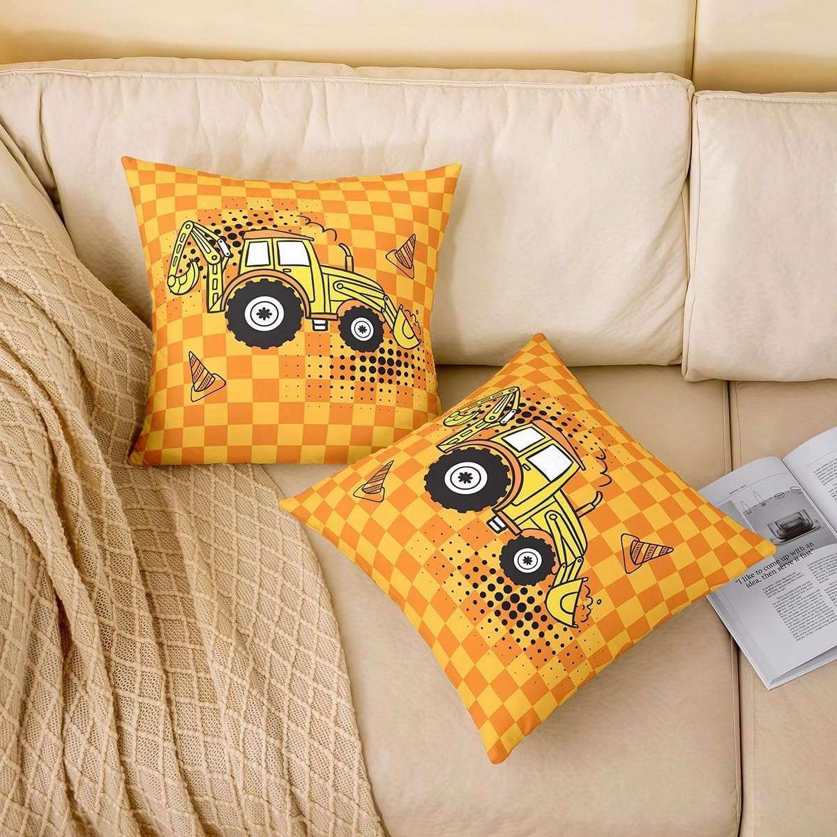 Kids Cartoon Excavator Throw Pillow Cover Yellow Orange Patchwork Plaid Cushion Cover for Kids Boys Girls Teens Cute Hippie Black Graffiti Cushion Case for Bed Car Sofa 24x24 Inch