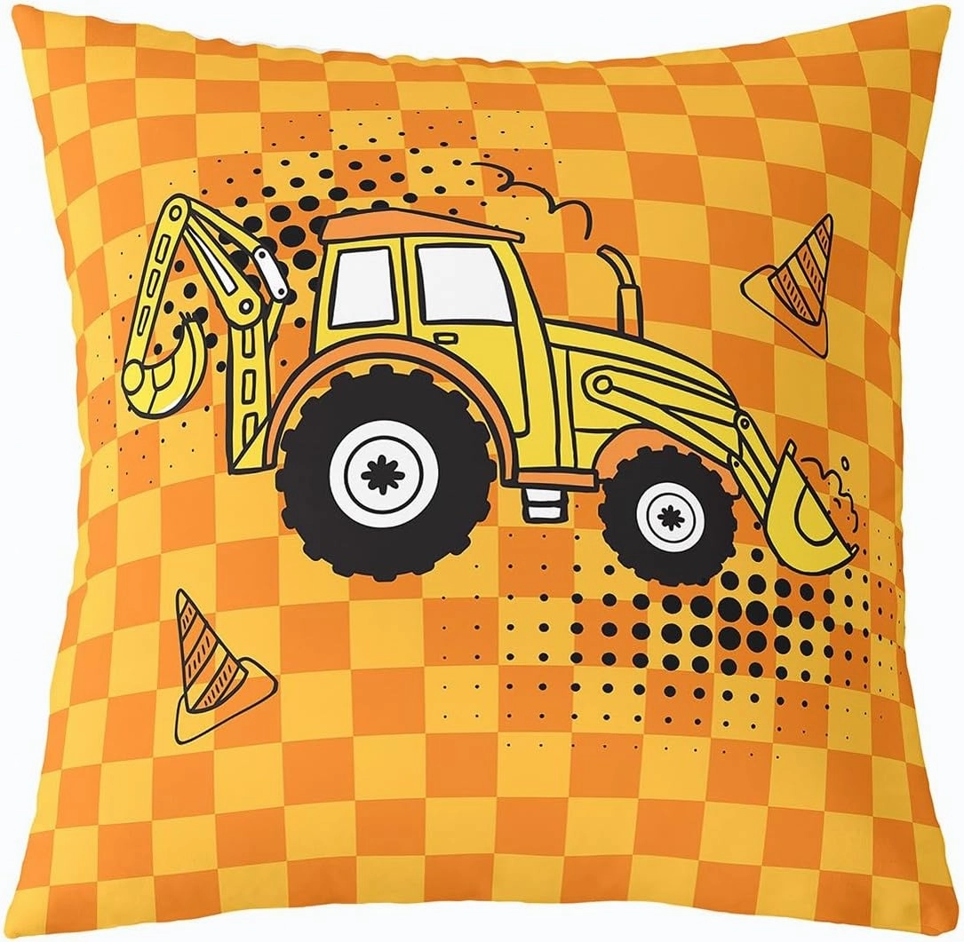 Kids Cartoon Excavator Throw Pillow Cover Yellow Orange Patchwork Plaid Cushion Cover for Kids Boys Girls Teens Cute Hippie Black Graffiti Cushion Case for Bed Car Sofa 24x24 Inch