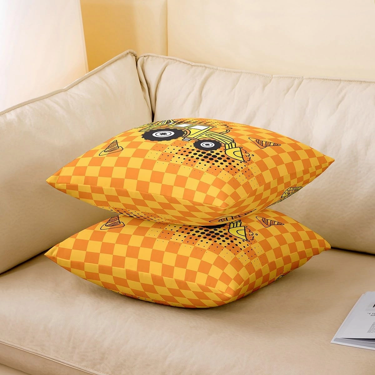 Kids Cartoon Excavator Throw Pillow Cover Yellow Orange Patchwork Plaid Cushion Cover for Kids Boys Girls Teens Cute Hippie Black Graffiti Cushion Case for Bed Car Sofa 24x24 Inch