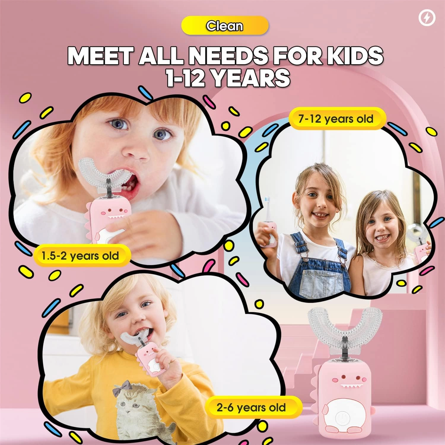 Kids Electric Toothbrushes,U Shaped Toothbrush Kids w/ 5 Brush Heads and Cup, IPX7 Waterproof Toothbrush Kids 60s Smart Reminder, 3 Clean Modes, Ultrasonic Toddler Toothbrush Age 2-12 (Pink, SMALL)