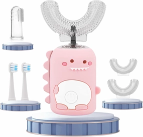 Kids Electric Toothbrushes,U Shaped Toothbrush Kids w/ 5 Brush Heads and Cup, IPX7 Waterproof Toothbrush Kids 60s Smart Reminder, 3 Clean Modes, Ultrasonic Toddler Toothbrush Age 2-12 (Pink, SMALL)