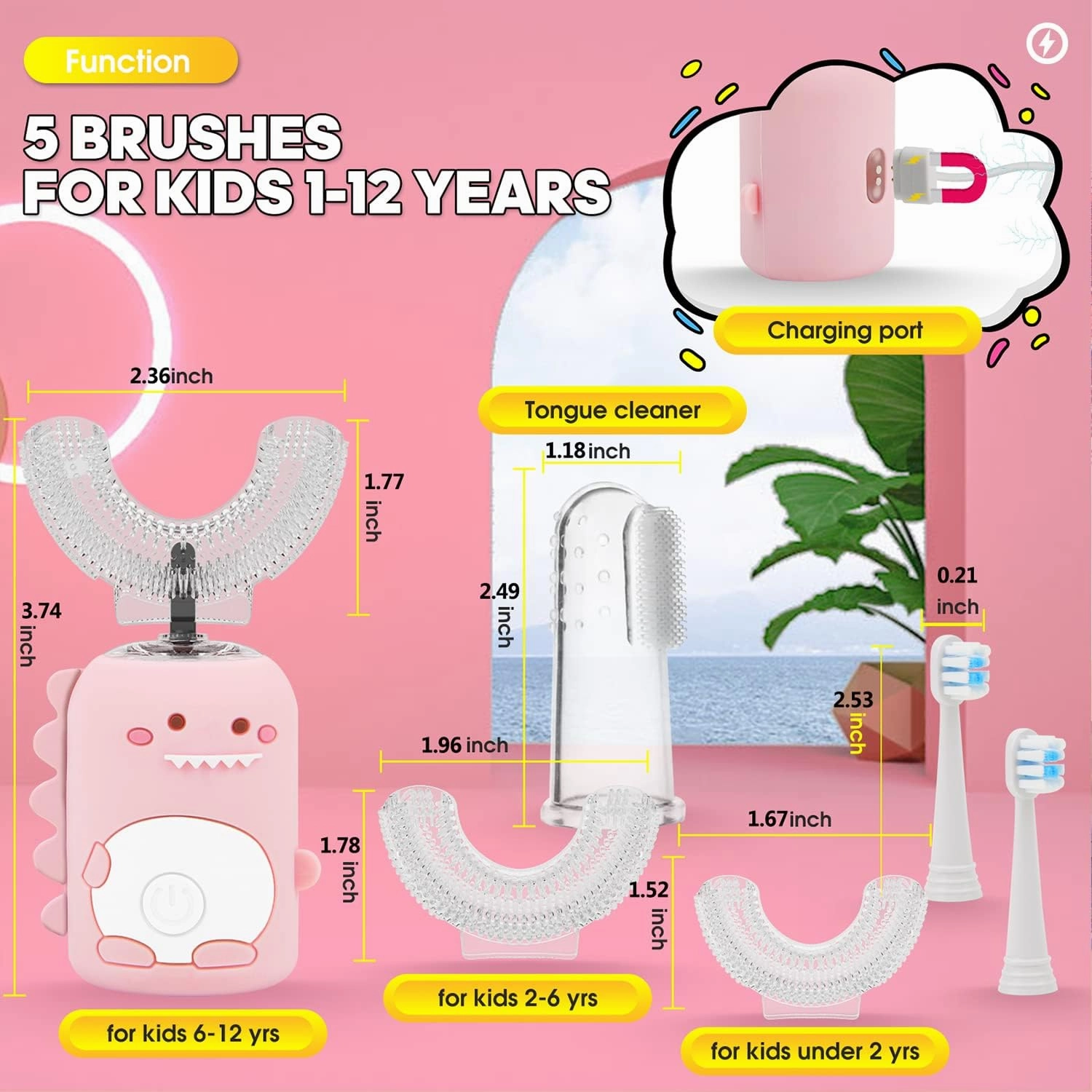 Kids Electric Toothbrushes,U Shaped Toothbrush Kids w/ 5 Brush Heads and Cup, IPX7 Waterproof Toothbrush Kids 60s Smart Reminder, 3 Clean Modes, Ultrasonic Toddler Toothbrush Age 2-12 (Pink, SMALL)