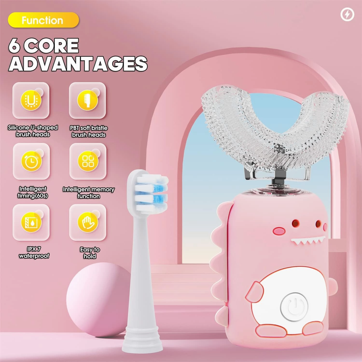 Kids Electric Toothbrushes,U Shaped Toothbrush Kids w/ 5 Brush Heads and Cup, IPX7 Waterproof Toothbrush Kids 60s Smart Reminder, 3 Clean Modes, Ultrasonic Toddler Toothbrush Age 2-12 (Pink, SMALL)