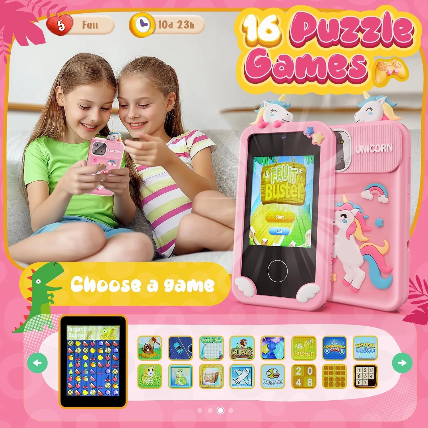 Kids Smart Phone Toys for Girls,Unicorn Gift Toys for Girls Ages 3-9 Christmas Birthday Gifts Mini Smart Phone Toys With 2.8" Touchscreen 16 Learning Games Dual Camera Music Player, 8G SD Card