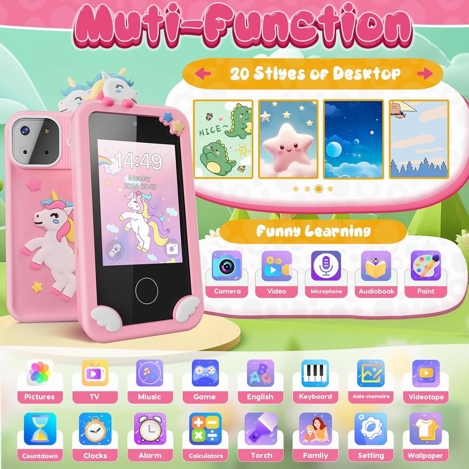 Kids Smart Phone Toys for Girls,Unicorn Gift Toys for Girls Ages 3-9 Christmas Birthday Gifts Mini Smart Phone Toys With 2.8" Touchscreen 16 Learning Games Dual Camera Music Player, 8G SD Card