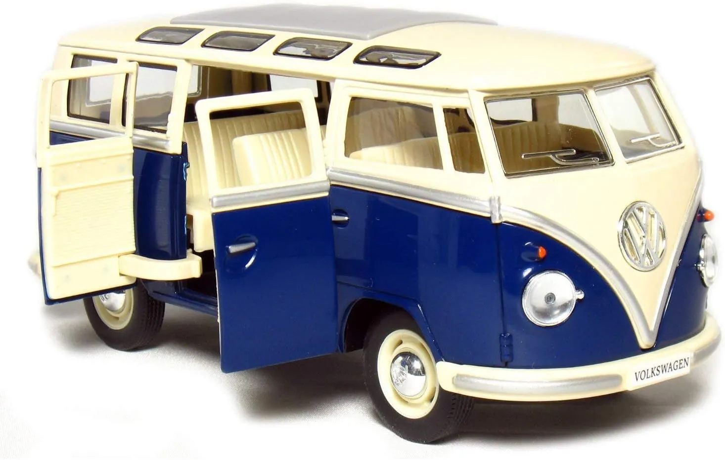 KINGSMART 1962 Volkswagen Classic Hippy Bus 7" 1:24Scale Blue Die Cast Metal Model Toy Pull Back Action Car