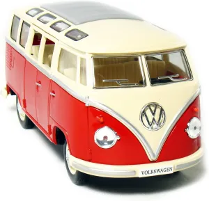 KINGSMART 1962 Volkswagen Classic Hippy Bus 7" 1:24Scale Red Die Cast Metal Model Toy Pull Back Action Car